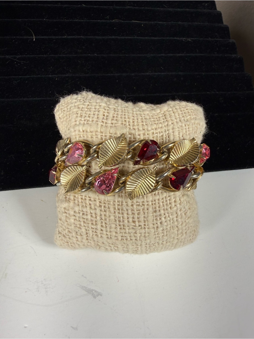 Coro Gold-Tone Leaf Bracelet with Pink and Red Teardrop Stones